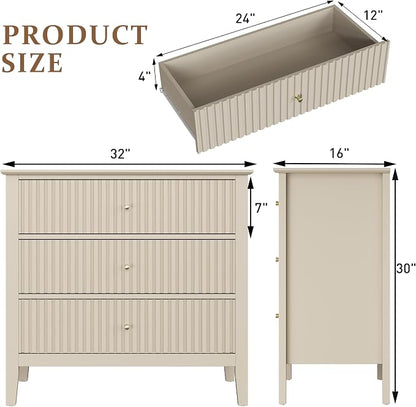 RoyalCraft 32" Large Nightstand, Fluted Painted Bedside Table with 3 Spacious Drawers, Modern Tall End Table for Bedroom, Beige