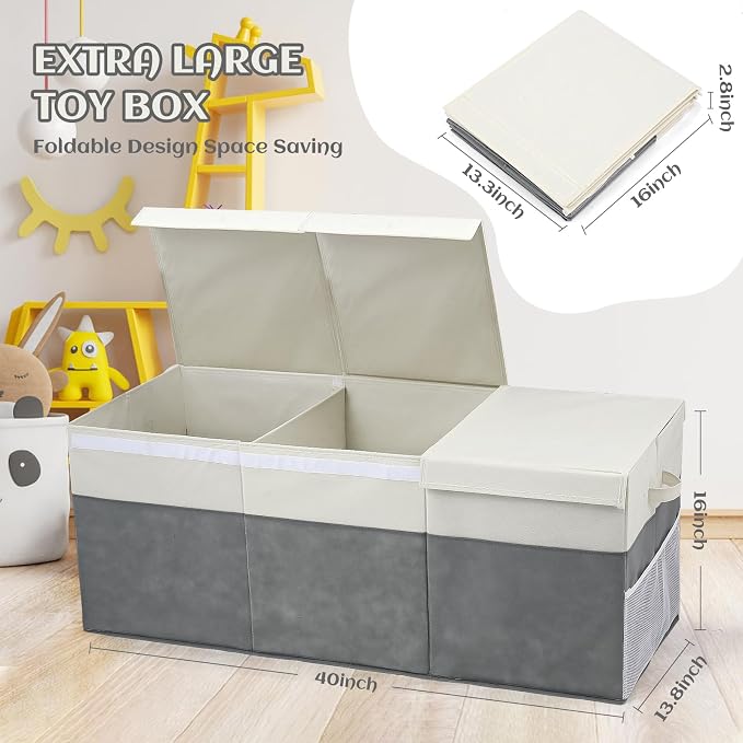 FIIOEOY Extra Large Toy Box with Lids, Collapsible Toy Storage Organizer with Divider for Kids, Sturdy Toy Chest for Bedroom, Nursery, Living Room, Playroom, 40"x14"x16", Gray & White