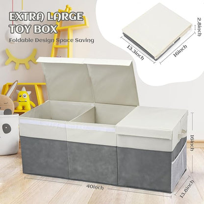 FIIOEOY Extra Large Toy Box with Lids, Collapsible Toy Storage Organizer with Divider for Kids, Sturdy Toy Chest for Bedroom, Nursery, Living Room, Playroom, 40"x14"x16", Gray & White
