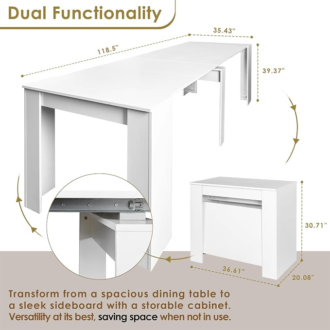 20"-118" White Extendable Dining Table for 2-12 People, Modern Modular Extension Table, Space-Saving Extra Long Folding Dining Table, Multifunctional Conference Meeting Table