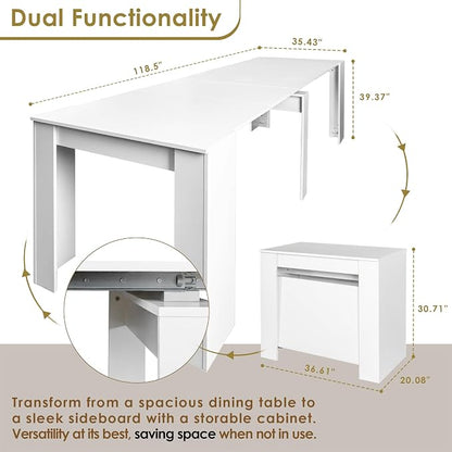 20"-118" White Extendable Dining Table for 2-12 People, Modern Modular Extension Table, Space-Saving Extra Long Folding Dining Table, Multifunctional Conference Meeting Table