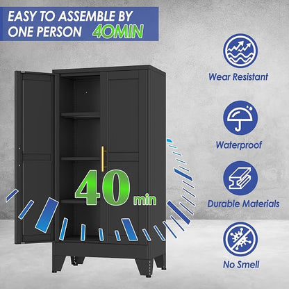 47" Metal Garage Storage Cabinet with 2 Doors and 3 Adjustable Shelves,Metal Storage Cabinets,Steel Tool Cabinets for Home,Office,Garage,Warehouse (Black, 47''H x 24''W x 12''D)