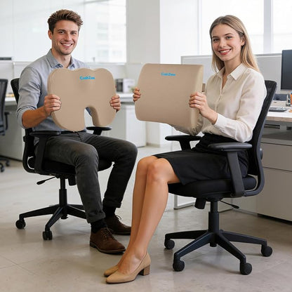 CushZone Ergonomic Seat Cushion & Lumbar Support Pillow - Memory Foam for Sciatica Pain Relief & Posture Correction, Non-Slip Chair Cushions for Office Chair/Car/Wheelchair/Travel, Khaki