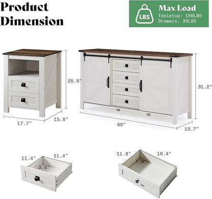 AMERLIFE 5-Piece Farmhouse Furniture Bedroom Set, Dressers & Nightstand Set of 2 with Storage Cabinet & Sideboard, Sliding Barn Door Wood Bedroom Set for Bedroom/Living Room, Distressed White