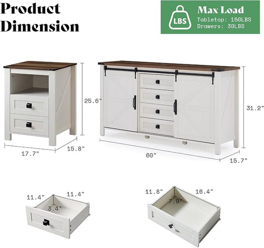 AMERLIFE 5-Piece Farmhouse Furniture Bedroom Set, Dressers & Nightstand Set of 2 with Storage Cabinet & Sideboard, Sliding Barn Door Wood Bedroom Set for Bedroom/Living Room, Distressed White