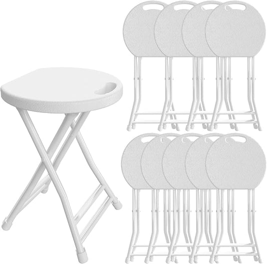 Folding Stool, 18 Inch Foldable Stool with Handle & Steel Frame, Pack of 10 Folding Bar Stools, 440lbs Sturdy Foldable Lightweight Metal Chair for Camping, Indoor and Outdoor, White