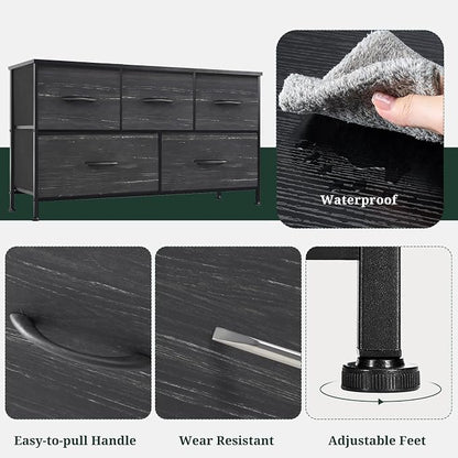 5-Drawer Dresser for Bedroom, Anti-Tip Wide Storage Organizer Fabric Chest of Drawers TV Stand for 45" TV with Wooden Top and Metal Frame for Closet, Living Room, Hallway, Entryway, Charcoal Black