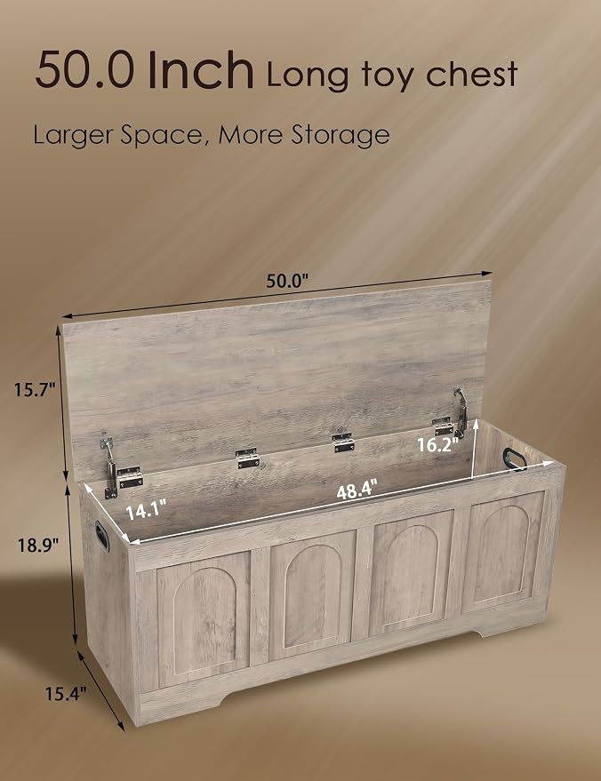 DINZI LVJ Storage Chest, 50”Extra Large Storage Bench with 2 Safety Hinges, Wooden Toy Box with Flip-Top, Large Trunk for Living Room, Playroom, Easy Assembly, Greige