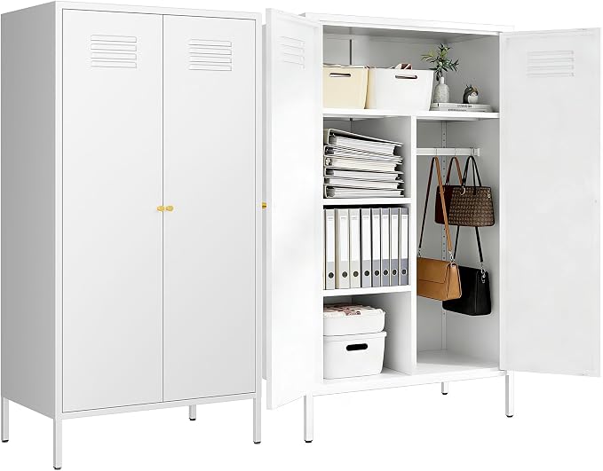 2 Door Metal Cabinet with Hanging Rod and 2 Freely Adjustable Shelves,Storage Locker Cabinet Closet for Home,Office,Garage (Storage Cabinet, White)
