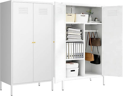 2 Door Metal Cabinet with Hanging Rod and 2 Freely Adjustable Shelves,Storage Locker Cabinet Closet for Home,Office,Garage (Storage Cabinet, White)