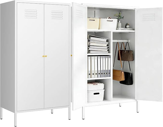 2 Door Metal Cabinet with Hanging Rod and 2 Freely Adjustable Shelves,Storage Locker Cabinet Closet for Home,Office,Garage (Storage Cabinet, White)