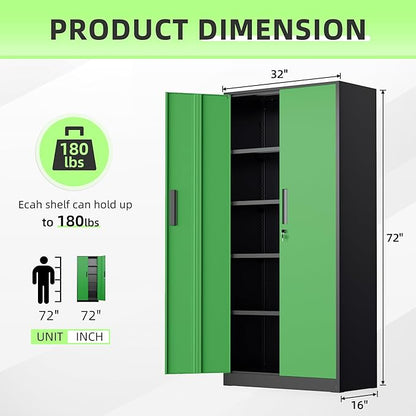 Bonusall 72" Metal Garage Storage Cabinet, 2 Locking Doors & 4 Adjustable Shelves Tall Storage, Heavy Duty Steel Tool Cabinet for Home, Office, Warehouse, School (Black Green)