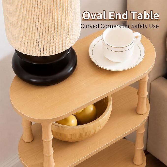 Narrow Side Table with Storage, 3-Tier End Table Skinny Nightstand for Bedroom, Living Room Small Space, Natural