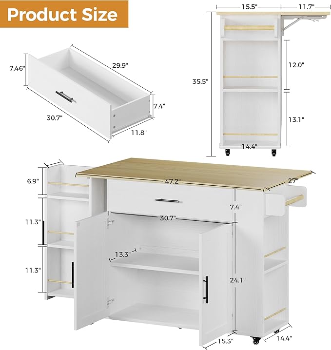 IRONCK Rolling Kitchen Island Table on Wheels with Drop Leaf, Storage Cabinet and Drawer, 52 in Kitchen Cart with Spice and Towel Rack for Kitchen, White