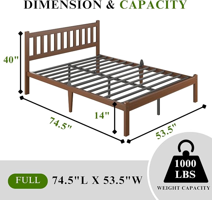 Askeld Bamboo Full Bed Frame with Headboard, 14 Inch High Wood Platform Bed No Box Spring Needed, Modern Minimalist Heavy Duty Bedframe, Easy Assembly, Noise Free, Walnut Color