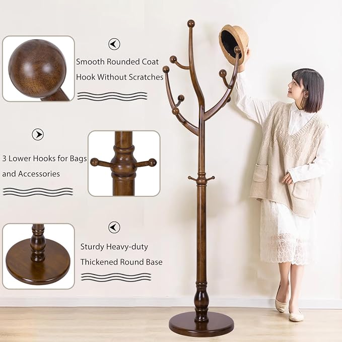Wooden Coat Rack Freestanding, Hall Tree Hanger With Resin Hooks, Adjustable Heavy Duty Coat Rack for Hanging Clothes Bags Hats in Living Room Bedroom (coat rack, Tree Hook)