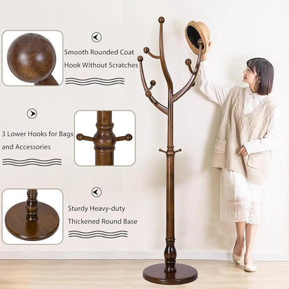 Wooden Coat Rack Freestanding, Hall Tree Hanger With Resin Hooks, Adjustable Heavy Duty Coat Rack for Hanging Clothes Bags Hats in Living Room Bedroom (coat rack, Tree Hook)