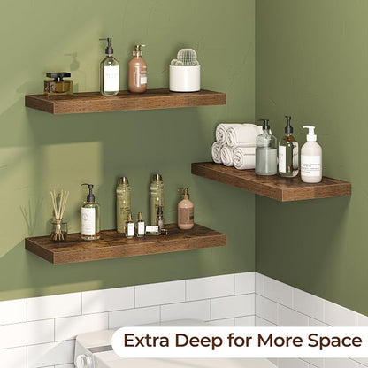 Fun Memories Floating Shelves for Wall 24 Inch Set of 3, Farmhouse Floating Shelves with Invisible Heavy Duty Bracket, 10 Inch Deep Bathroom Shelves for Storage, Living Room, Kitchen, Decor, Brown