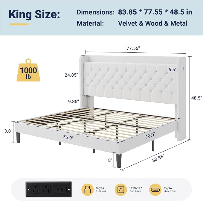 Allewie King Size Bed Frame, Storage Headboard with Charging Station, Wingback Velvet Upholstered, Diamond Stitched Button Tufted, Sturdy Wooden Slats, No Box Spring Needed, Easy Assembly, White