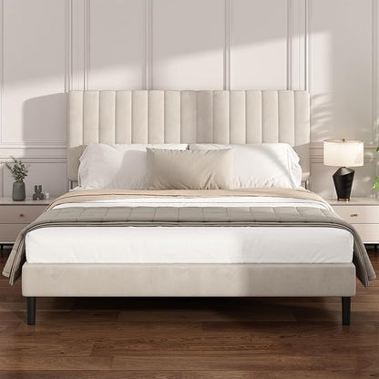 Full Size Platform Bed Frame with Vertical Channel Tufted Headboard, No Box Spring Needed, Noise-Free, Easy Assembly, Beige Velvet