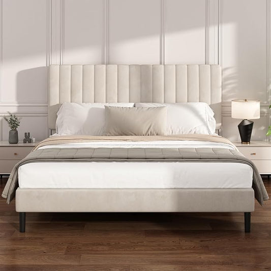 Queen Size Platform Bed Frame with Vertical Channel Tufted Headboard, No Box Spring Needed, Noise-Free, Easy Assembly, Beige Velvet