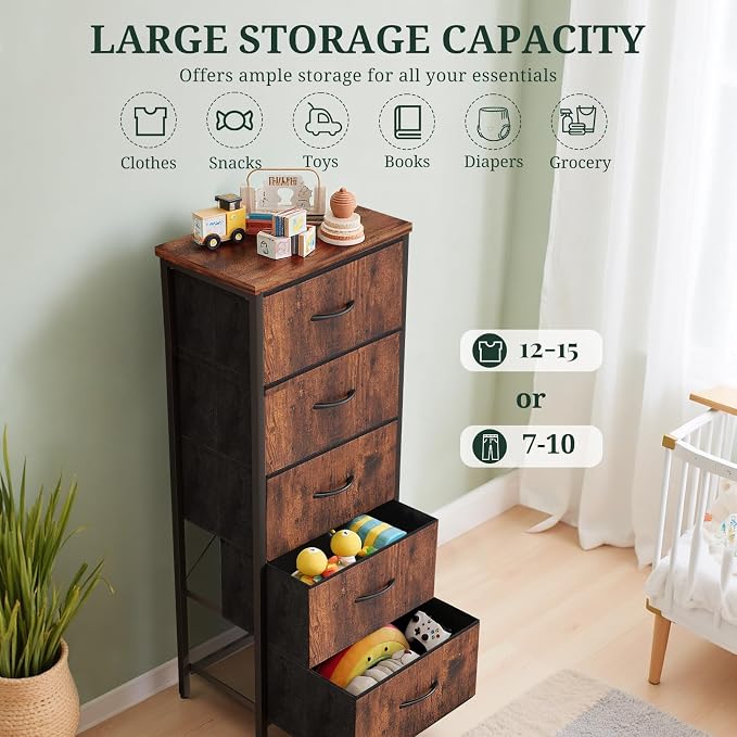 5 Drawers Dresser for Bedroom, Fabric Storage Tower Organizer with Wooden Top and Steel Frame, Tall Chest of Drawers for Closet, Entryway, Dorm, Brown
