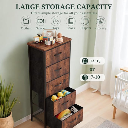 5 Drawers Dresser for Bedroom, Fabric Storage Tower Organizer with Wooden Top and Steel Frame, Tall Chest of Drawers for Closet, Entryway, Dorm, Brown