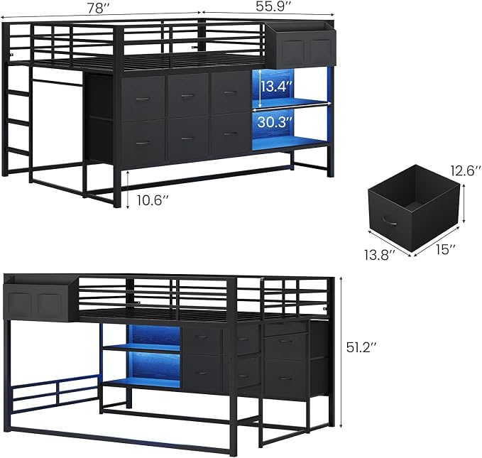 Full Over Twin Bunk Bed with 6 Drawers, Metal Frame Bunk Bed with LED Lights, Convertible Storage Bunk Bed with Extra-High Guardrails & Non-Slip Ladder, 2-Way Installation,for Teens, Black