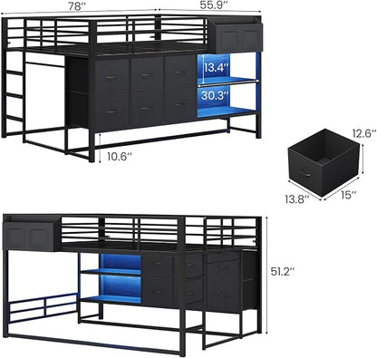 Full Over Twin Bunk Bed with 6 Drawers, Metal Frame Bunk Bed with LED Lights, Convertible Storage Bunk Bed with Extra-High Guardrails & Non-Slip Ladder, 2-Way Installation,for Teens, Black