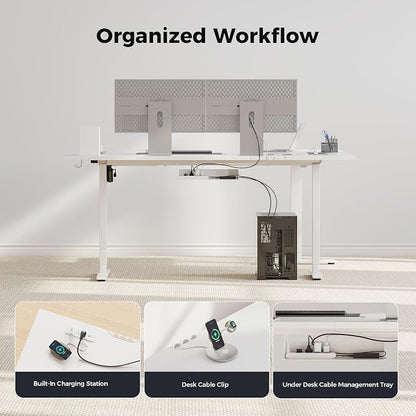 Agilestic Electric L Shaped Standing Desk 75 x 61 Inch with Power Outlet, Height Adjustable Corner Stand up Desk with Cable Management,Sit Stand Home Office Workstation with Splice Board, White