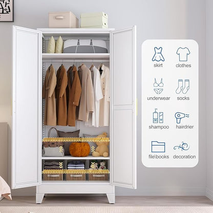 GAIOUS 71" Metal Wardrobe Cabinet with Mirror and Hanging Rod White | Clothing Storage Cabinets with 2 Doors and Adjustable Shelves, Armoire Wardrobe Closet for Bedroom, Laundry Cloak Room