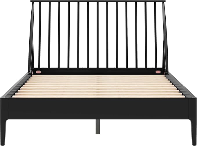 Merax Queen Size Solid Bamboo Wood Spindle Platform Queen Bed with 46.5" Tall Headboard, Bohemian Bed Frame with Wooden Slats and Metal Support, Mid-Century Modern Style, No Box Spring Needed, Black