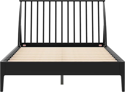 Merax Queen Size Solid Bamboo Wood Spindle Platform Queen Bed with 46.5" Tall Headboard, Bohemian Bed Frame with Wooden Slats and Metal Support, Mid-Century Modern Style, No Box Spring Needed, Black
