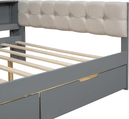 Ball & Cast Full Size Wood Daybed with Storage Shelves and Built-in Desk,Platform Bed w/Under-Bed Drawers & Charging Station,Upholstered Headboard,No Box Spring Needed,for Student Dorms,Gray