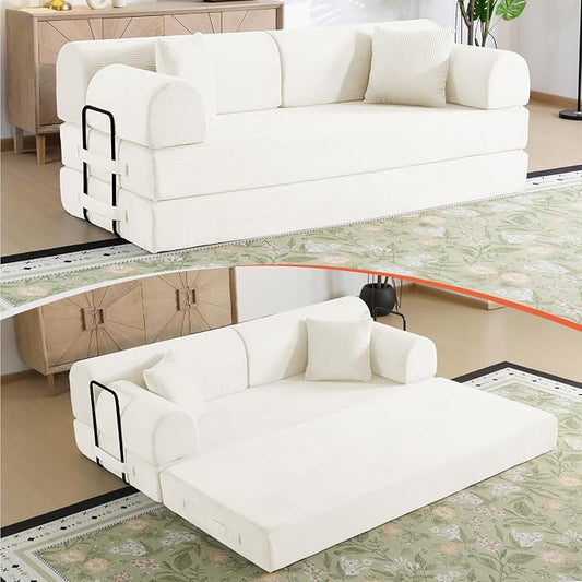 78.8" Boneless Memory Foam Couch, Corduroy Convertible Floor Sofa Bed, Fold-Out Sleeper Futon Loveseat, Wide Armrests & Supportive Back, 1200 lb, Couch in a Box, 2 Pillows,White