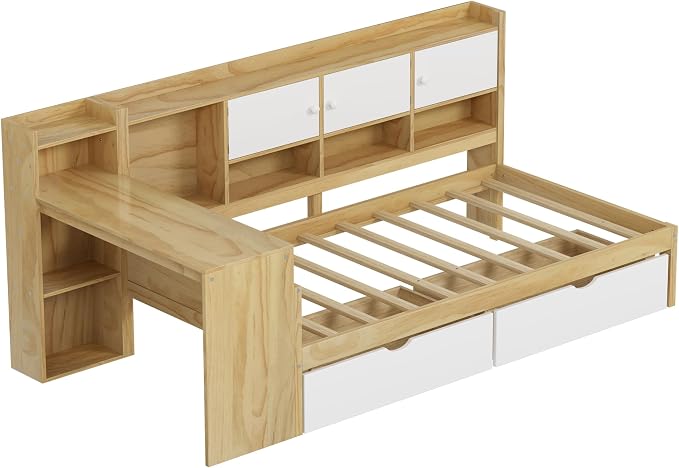 Bellemave Twin Corner Bed Frame, Twin Size Corner Beds with Storage Cabinets and Desk, Wood Daybed with Bookcase and Drawers, Natural+White
