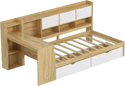 Bellemave Twin Corner Bed Frame, Twin Size Corner Beds with Storage Cabinets and Desk, Wood Daybed with Bookcase and Drawers, Natural+White
