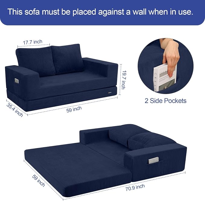 COMAX Futon Sofa Bed, Convertible Sofa Bed, Folding Boneless Couches | Boneless Couch for living room, 4‑in‑1 Fold Out Small Foldable Loveseat Floor Sleeper Mattress Lounge Space‑Saving, Navy