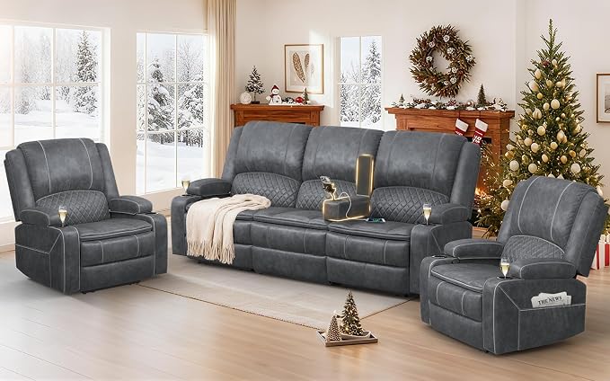 3+1+1 Manual Recliner Sofa, Maximum Load Capacity 2250lbs & Ergonomics Design, Multi-Functional Middle Seat & Home Theater Seating with Removable Armrest and Storage for RV Living Room (Velvet,Grey)