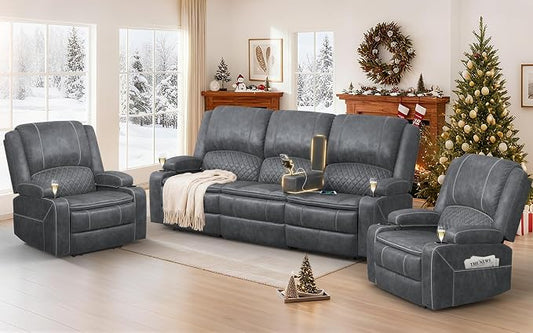 3+1+1 Manual Recliner Sofa, Maximum Load Capacity 2250lbs & Ergonomics Design, Multi-Functional Middle Seat & Home Theater Seating with Removable Armrest and Storage for RV Living Room (Velvet,Grey)