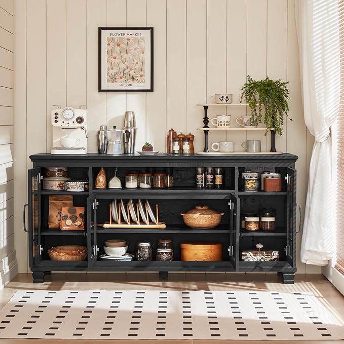 SAVOR LIFE Large Black Sideboard Buffet Cabinet with Storage,Vintage Farmhouse 60" Wide Buffet Cabinet with Glass Doors & Wood Legs,Coffee Bar Cabinet for Dining Room, Living Room