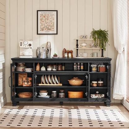 SAVOR LIFE Large Black Sideboard Buffet Cabinet with Storage,Vintage Farmhouse 60" Wide Buffet Cabinet with Glass Doors & Wood Legs,Coffee Bar Cabinet for Dining Room, Living Room