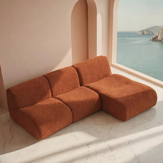 Curved Sectional Modular Couch with Chaise, Modern 106.3'' Boneless Sofa with Deep Seat, Sherpa Boucle Cloud Couch for Living Room, Cozy Teddy L-Shaped Couches，No Assembly, Brown