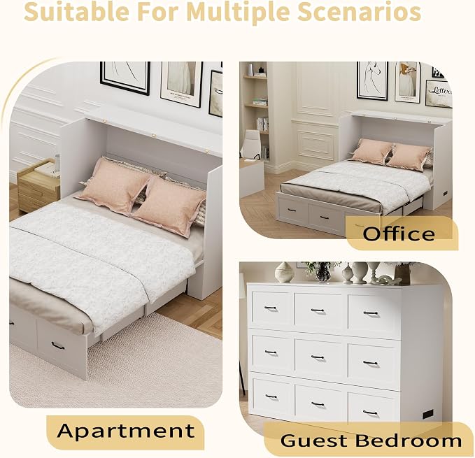 Full Size Murphy Bed with Charging Station and Drawer Farmhouse Cabinet Wood Space-Saving Hidden Folding Platform Bed Chest for Home Office Bedroom Guest Room Apartment,White
