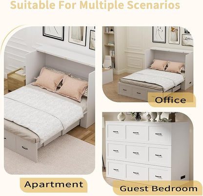 Full Size Murphy Bed with Charging Station and Drawer Farmhouse Cabinet Wood Space-Saving Hidden Folding Platform Bed Chest for Home Office Bedroom Guest Room Apartment,White