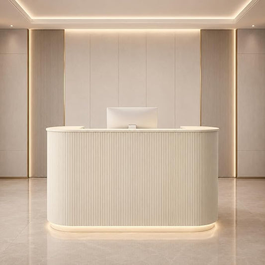Modern Reception Desk, Reception Desk with Counter for Office and Salon | Power Outlet Lockable Cabinet Keyboard Tray Privacy Panel Cable Grommet Open Storage Storage Cabinet