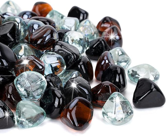 onlyfire 10-Pounds Fire Glass Diamonds for Propane Fire Pit, 1 Inch Blended Firepit Glass Rocks Stones for Gas Fireplace and Fire Pit Table, Onyx Black, Crystal Ice and Amber