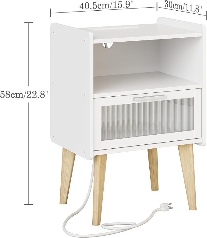 MMEOLUOOK Nightstand with Charging Station, Bedside Tables, End Table Side Table with 2 Tiers Storage Space, for Bedroom, Living Room, White MLBZ07WE-2