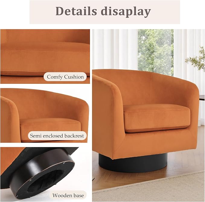 Swivel Barrel Accent Chair, Velvet Upholstered Armchair Modern Round Club Arm Chair for Living Room, Comfy Single Sofa Seating Bedroom Side Reading Seat for Home Office - Orange