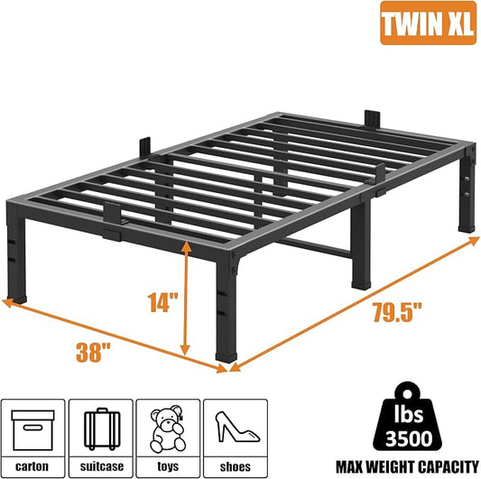 FUIOBYVV Twin XL Bed Frames 14 Inch Heavy Duty Metal Platform Bed Frame Twin Size Support Up to 3500 lbs,No Box Spring Needed,Headboard Hole,Steel Slat Support,Noise Free,Easy Assembly